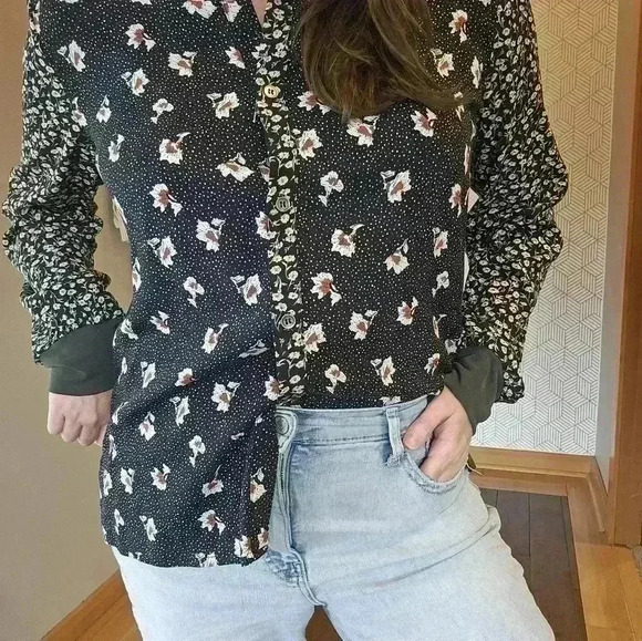 Mystree Women's Button Down Blouse Boho Mixed Print Floral Sz Medium - Picture 2 of 7